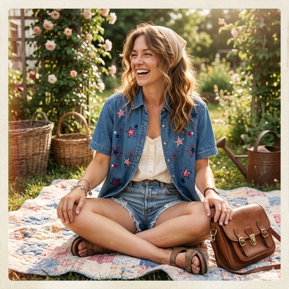 Quizz Again Embroidered Denim Short-Sleeve Collared Shirt women’s M